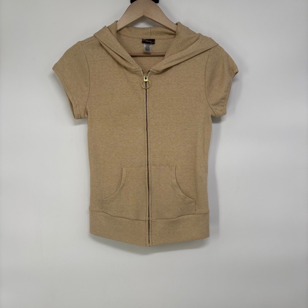 Y2K Old Navy Womens Gold Metallic Knit Short Sleeve Zip Up Hoodie M SUM08